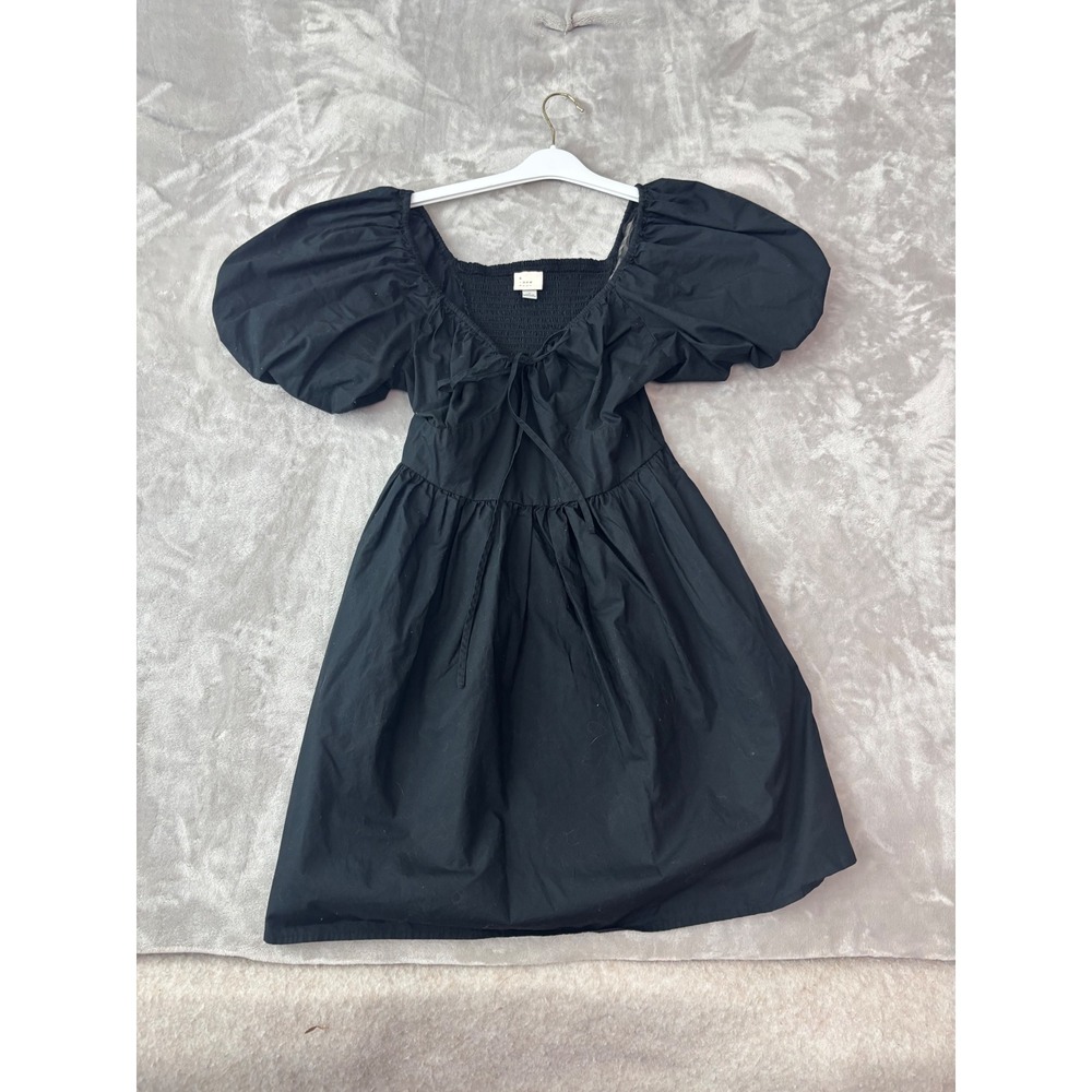 A New Day Black Puff Sleeve Babydoll Mini Dress Smock Back Square Neck Tie